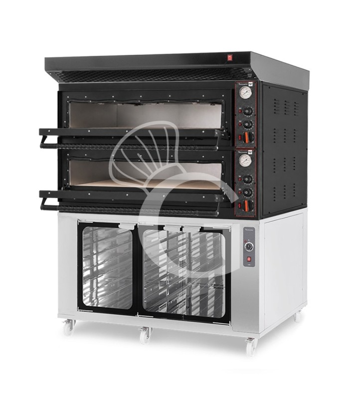 Forno pizza elettrico meccanico 6 + 6 pizze Ø 350 mm - 18 Kw con design nero, cappa nera e cella di lievitazione inox