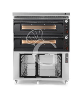 Forno pizza elettrico meccanico 6 + 6 pizze Ø 350 mm - 18 Kw con design nero, cappa inox e cella di lievitazione inox