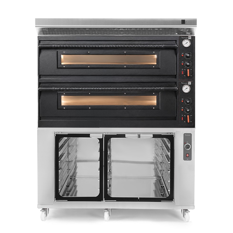 Forno pizza elettrico meccanico 6 + 6 pizze Ø 350 mm - 18 Kw con design nero, cappa inox e cella di lievitazione inox