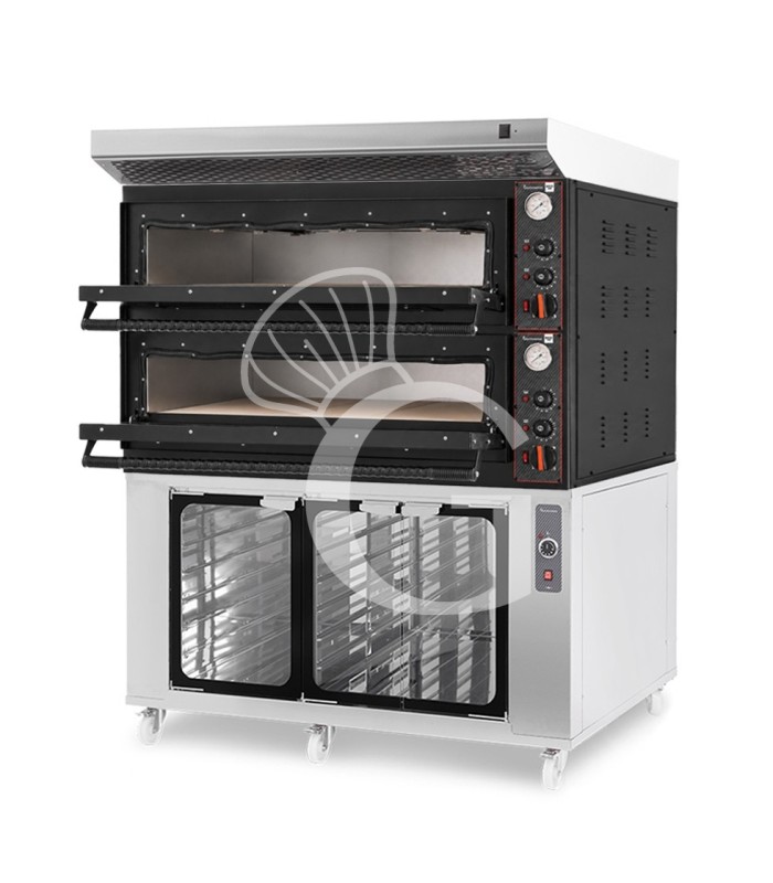 Forno pizza elettrico meccanico 6 + 6 pizze Ø 350 mm - 18 Kw con design nero, cappa inox e cella di lievitazione inox