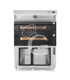 Forno pizza elettrico meccanico 6+6 pizze Ø 350 mm - 18 Kw design nero, cappa a condensazione inox e cella di lievitazione inox