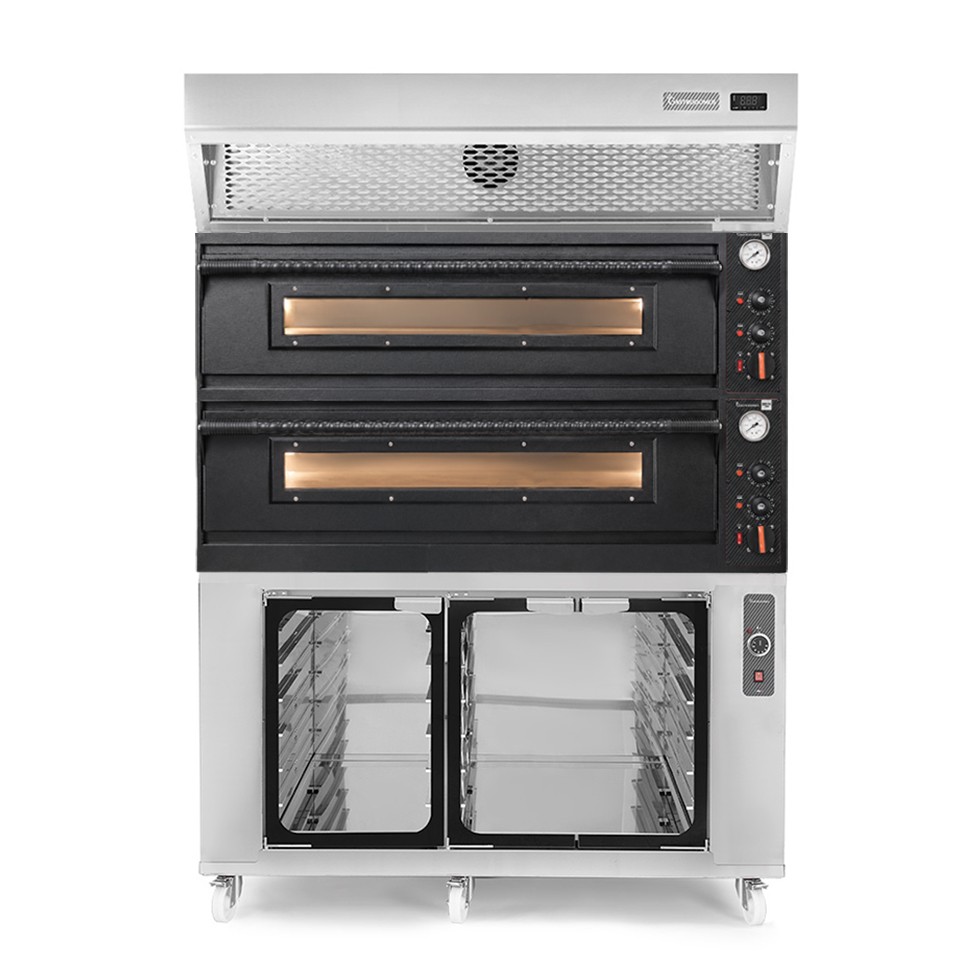 Forno pizza elettrico meccanico 6+6 pizze Ø 350 mm - 18 Kw design nero, cappa a condensazione inox e cella di lievitazione inox