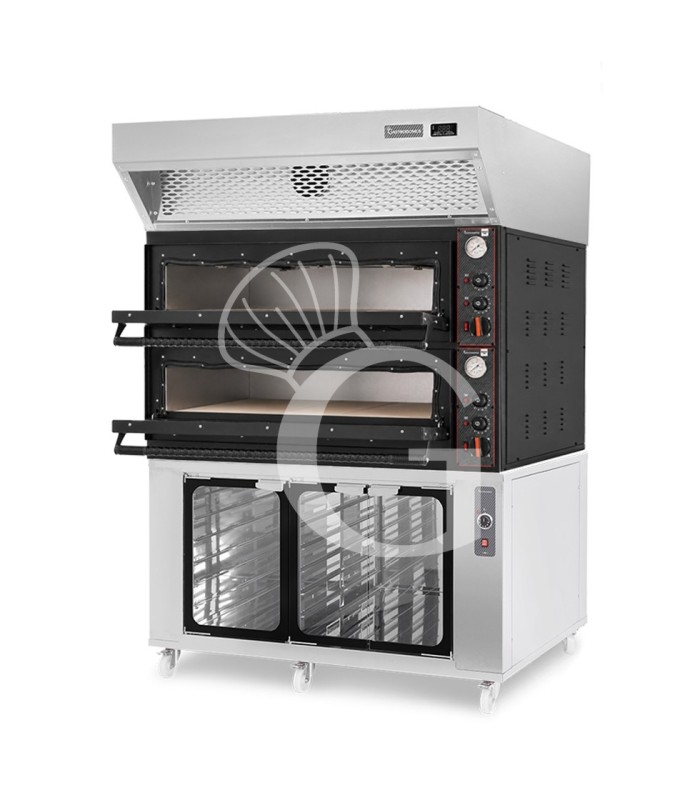 Forno pizza elettrico meccanico 6+6 pizze Ø 350 mm - 18 Kw design nero, cappa a condensazione inox e cella di lievitazione inox