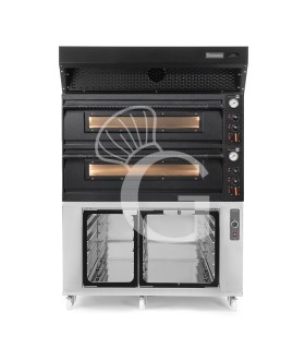 Forno pizza elettrico meccanico 6+6 pizze Ø 350 mm - 18 Kw design nero, cappa a condensazione nera e cella di lievitazione inox