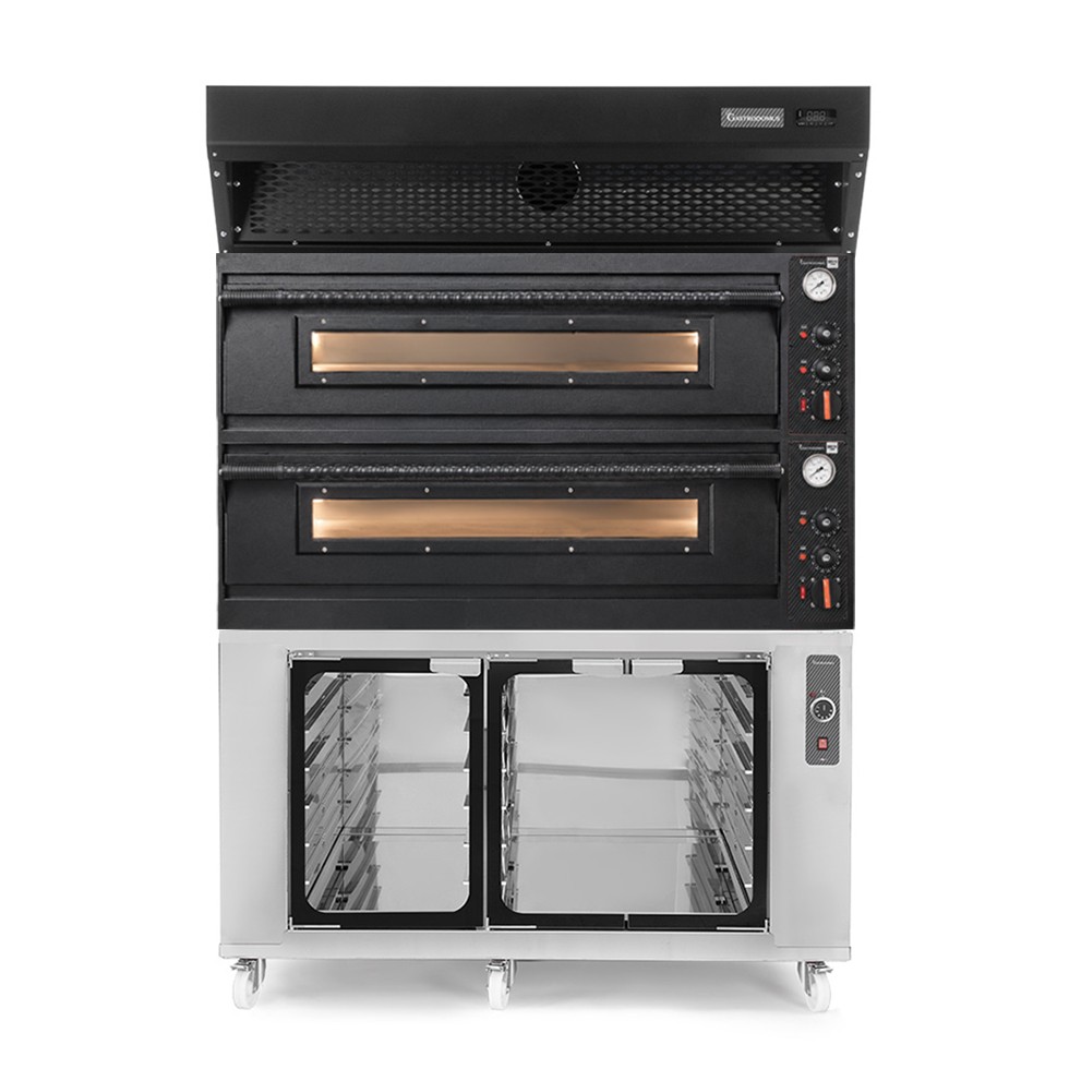 Forno pizza elettrico meccanico 6+6 pizze Ø 350 mm - 18 Kw design nero, cappa a condensazione nera e cella di lievitazione inox