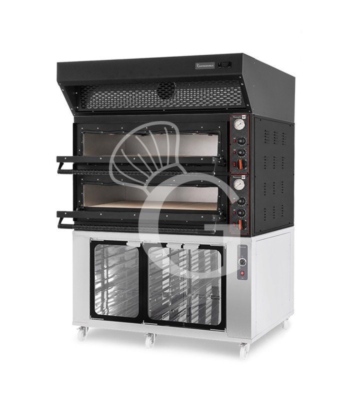 Forno pizza elettrico meccanico 6+6 pizze Ø 350 mm - 18 Kw design nero, cappa a condensazione nera e cella di lievitazione inox