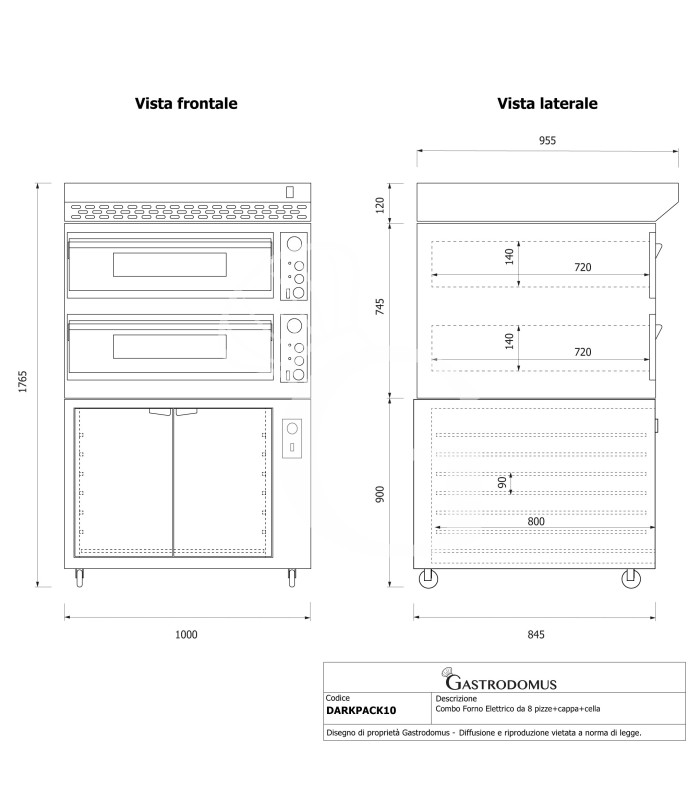 Forno pizza elettrico meccanico 4 + 4 pizze Ø 350 mm - 12 Kw con design nero, cappa inox e cella di lievitazione inox