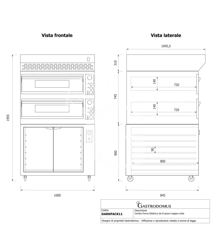 Forno pizza elettrico meccanico 4+4 pizze Ø 350 mm - 12 Kw design nero, cappa a condensazione nera e cella di lievitazione inox