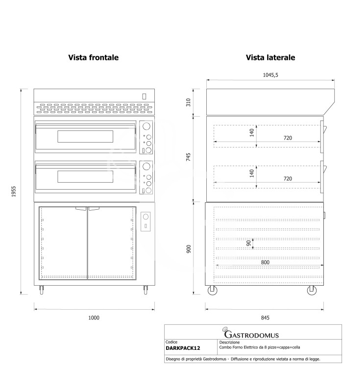 Forno pizza elettrico meccanico 4+4 pizze Ø 350 mm - 12 Kw design nero, cappa a condensazione inox e cella di lievitazione inox