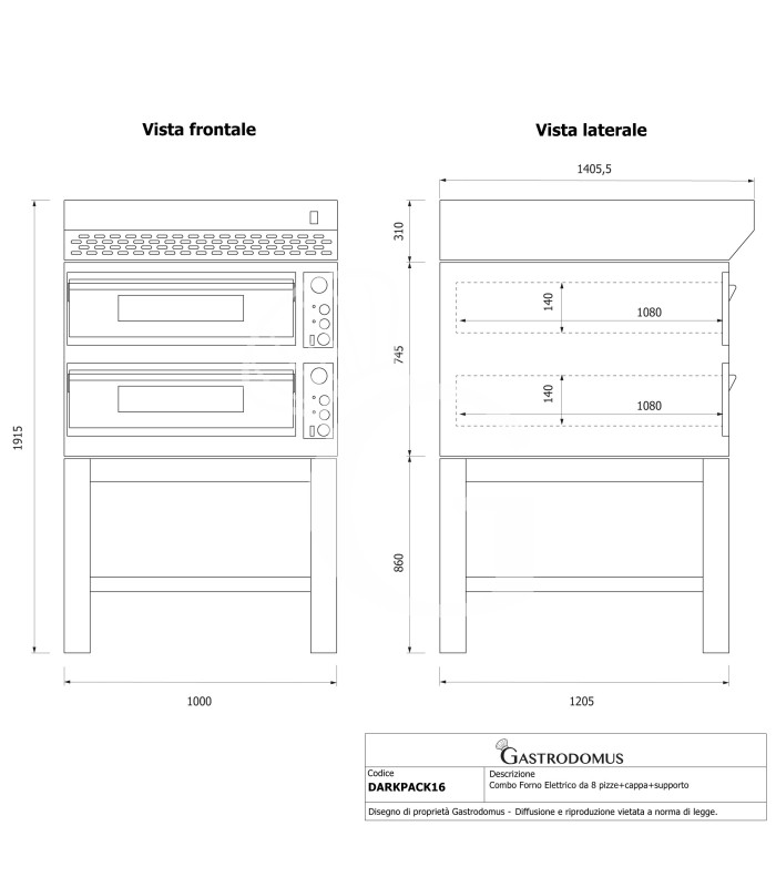 Forno pizza elettrico meccanico 6 + 6 pizze Ø 350 mm - 18 Kw con design nero, cappa a condensazione inox e supporto