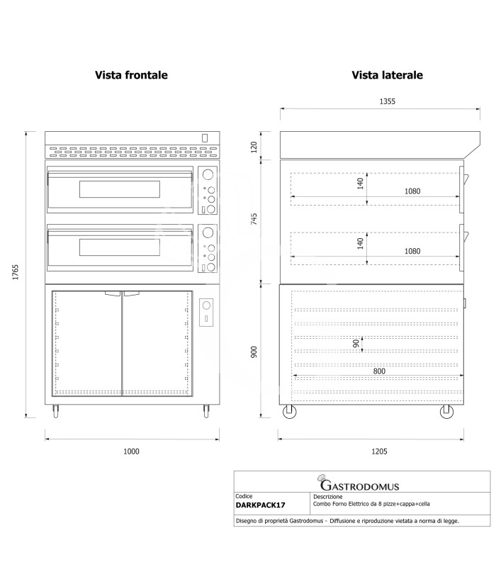 Forno pizza elettrico meccanico 6 + 6 pizze Ø 350 mm - 18 Kw con design nero, cappa nera e cella di lievitazione nera