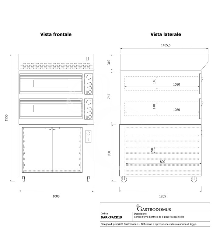 Forno pizza elettrico meccanico 6+6 pizze Ø 350 mm - 18 Kw design nero, cappa a condensazione nera e cella di lievitazione nera