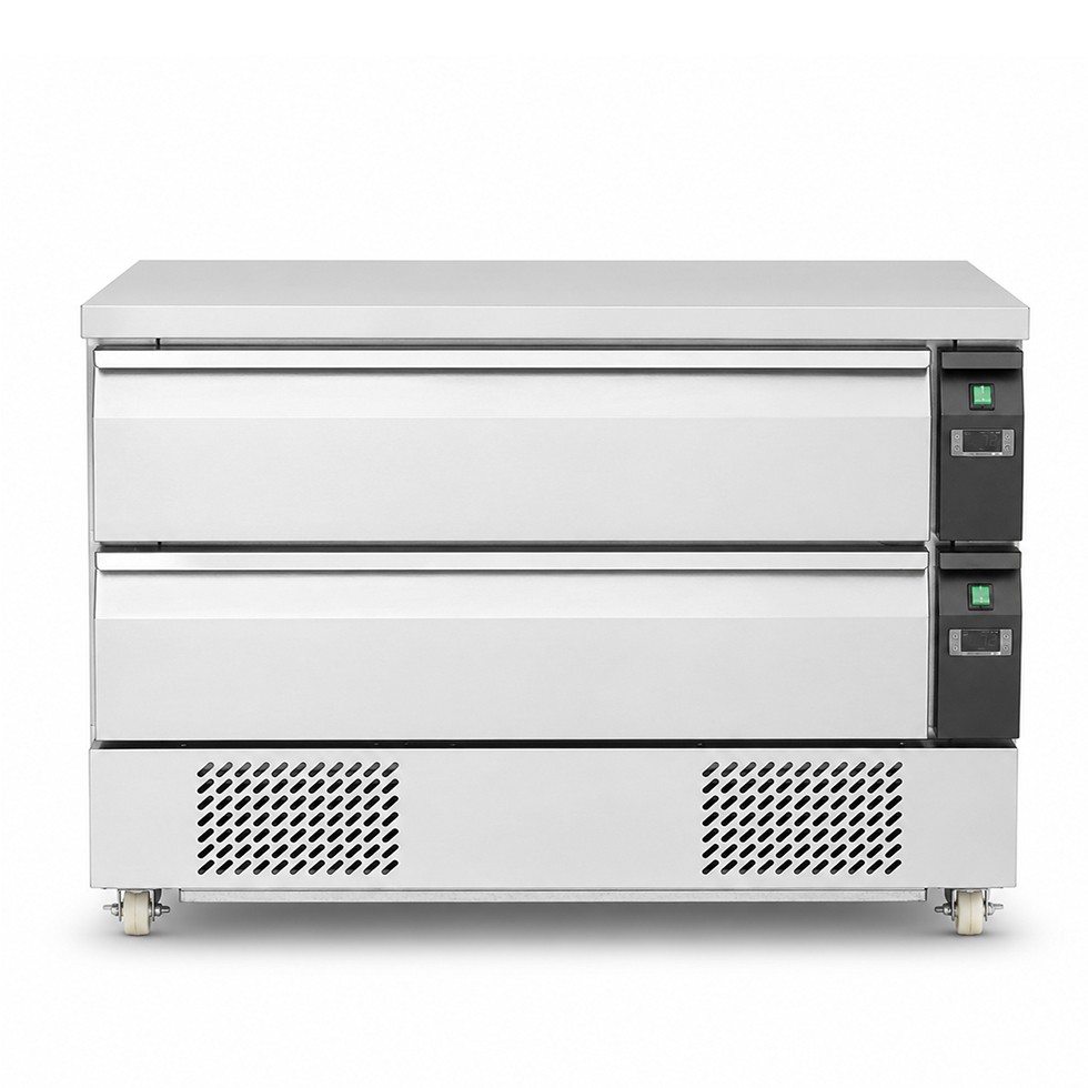 Cassettiera doppia refrigerata con ruote, 6xGN1/1, conversione di temperatura da negativa a positiva, due unità refrigeranti