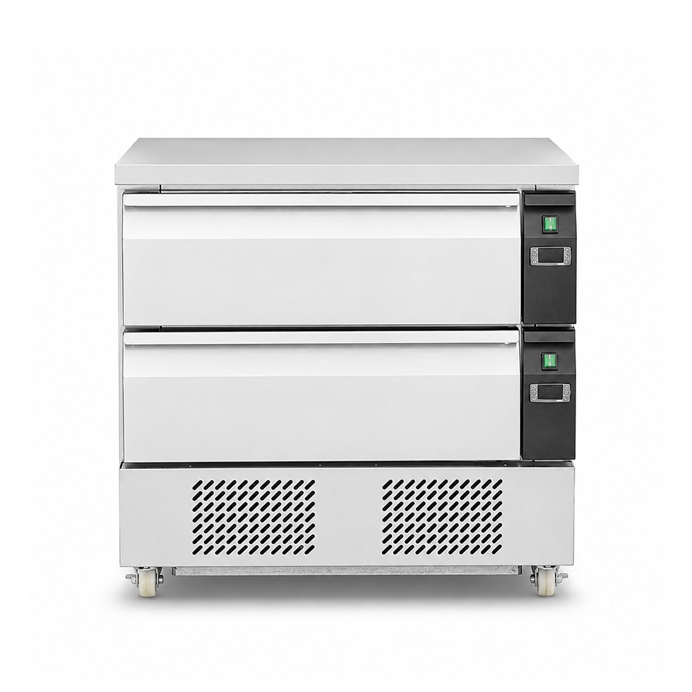 Cassettiera doppia refrigerata con ruote, 4xGN1/1, conversione di temperatura da negativa a positiva, due unità refrigeranti