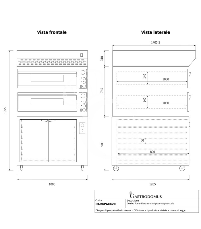 Forno pizza elettrico meccanico 6+6 pizze Ø 350 mm - 18 Kw design nero, cappa a condensazione inox e cella di lievitazione nera