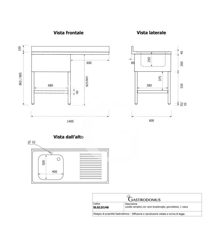 Lavello con vano lavastoviglie, gocciolatoio a destra, 1 vasca, L 1400 x P 600 x H 965 mm - con foro rubinetto Ø 32 mm