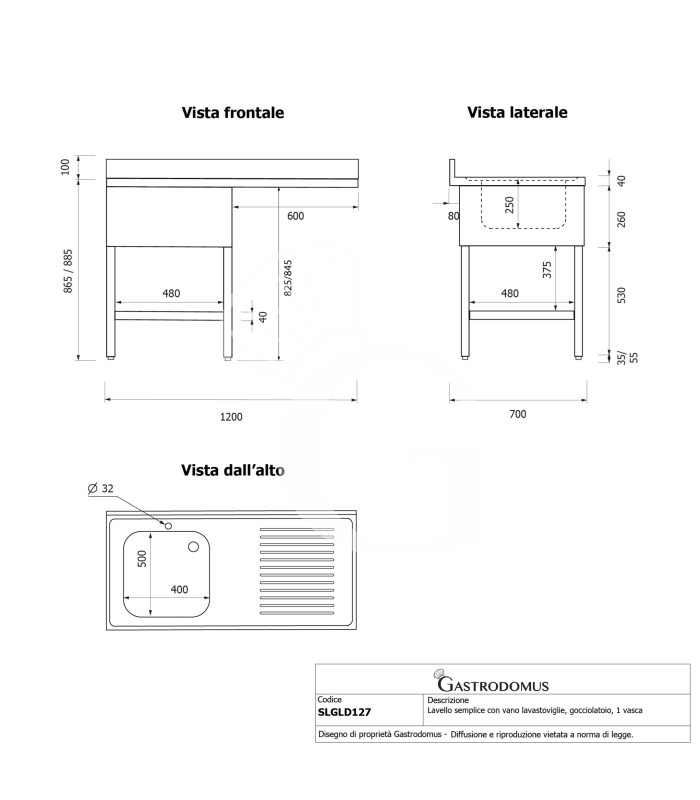 Lavello con vano lavastoviglie, gocciolatoio a destra, 1 vasca, L 1200 x P 700 x H 965 mm - con foro rubinetto Ø 32 mm