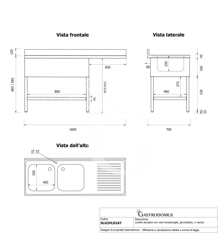Lavello con vano lavastoviglie, gocciolatoio a destra, 2 vasche, L1600xP700xH965mm - con foro rubinetto Ø 32 mm