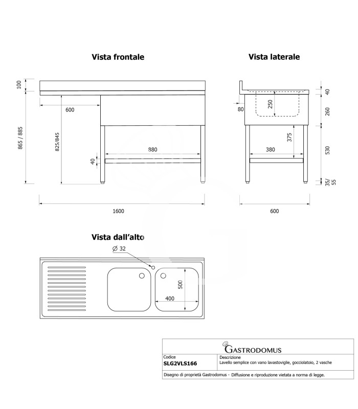 Lavello con vano lavastoviglie, gocciolatoio a sinistra, 2 vasche, L1600xP600xH965mm - con foro rubinetto Ø 32 mm