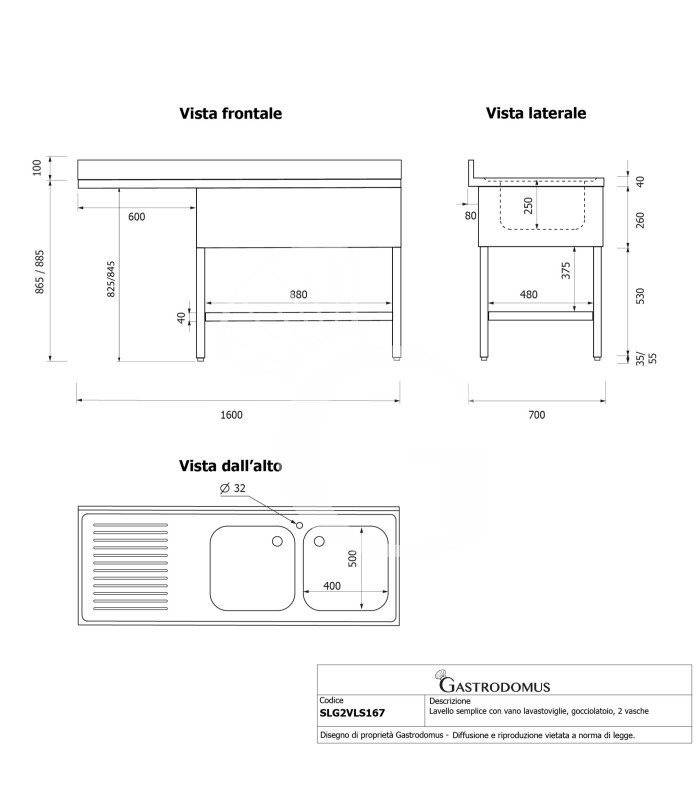Lavello con vano lavastoviglie, gocciolatoio a sinistra, 2 vasche, L1600xP700xH965mm - con foro rubinetto Ø 32 mm
