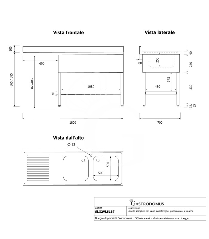 Lavello con vano lavastoviglie, gocciolatoio a sinistra, 2 vasche, L1800xP700xH965mm - con foro rubinetto Ø 32 mm