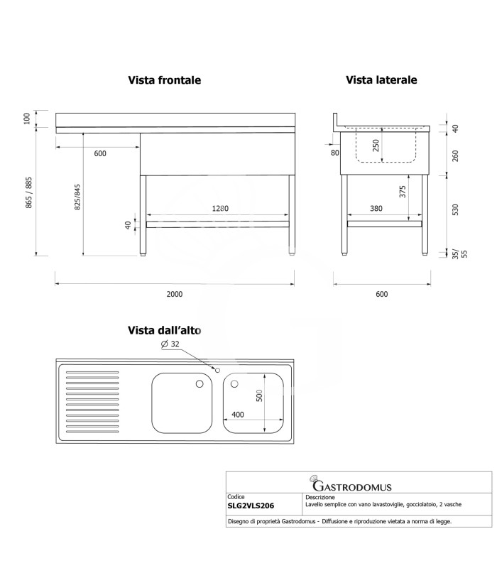Lavello con vano lavastoviglie,gocciolatoio a sinistra,2 vasche,L2000xP600xH965mm - con foro rubinetto Ø 32 mm