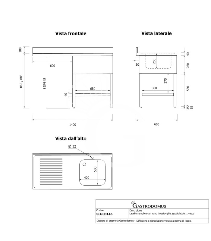 Lavello con vano lavastoviglie, gocciolatoio a sinistra, 1 vasca, L 1400 x P 600 x H 965 mm -con foro rubinetto Ø 32 mm