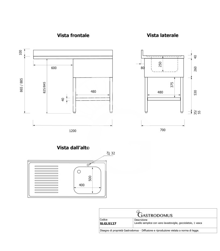 Lavello con vano lavastoviglie, gocciolatoio a sinistra, 1 vasca, L 1200 x P 700 x H 965 mm - con foro rubinetto Ø 32 mm