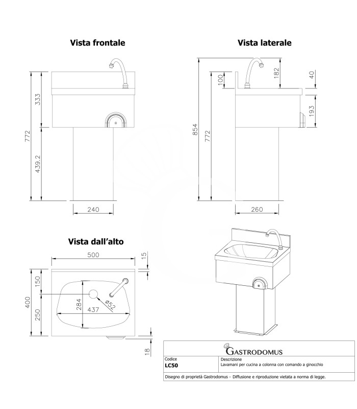 Lavamani per cucina a colonna con comando a ginocchio, completo di rubinetti e scarichi