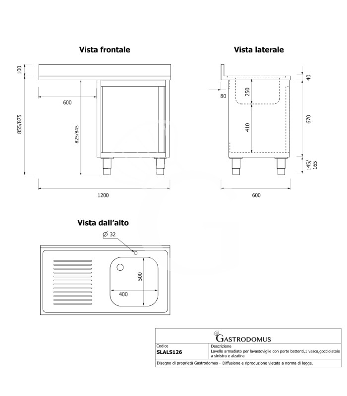 Lavello armadiato vano lavastoviglie,1 vasca,gocciolatoio sinistra,L1200xP600xH965mm - con foro rubinetto Ø 32 mm