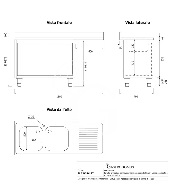 Lavello armadiato vano lavastoviglie,2 vasche,gocciolatoio destra,L1800xP700xH965mm - con foro rubinetto Ø 32 mm