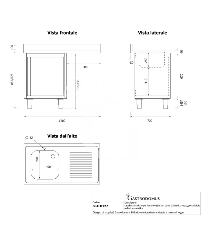 Lavello armadiato vano lavastoviglie,1 vasca,gocciolatoio destra,L1200xP700xH965mm - con foro rubinetto Ø 32 mm