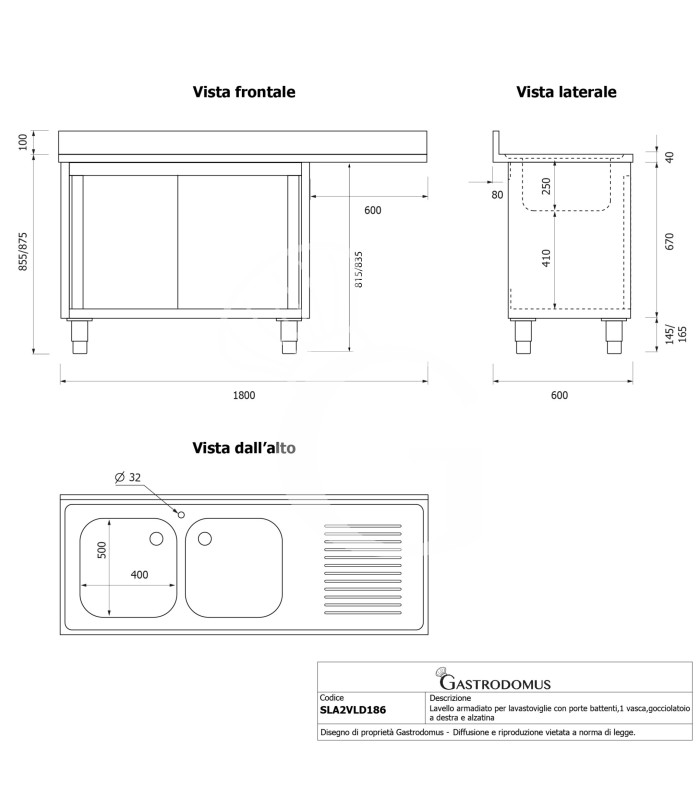 Lavello armadiato vano lavastoviglie,2 vasche,gocciolatoio destra,L1800xP600xH965mm - con foro rubinetto Ø 32 mm