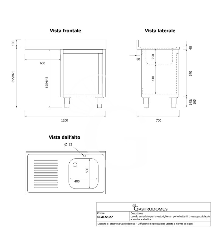 Lavello armadiato vano lavastoviglie,1 vasca,gocciolatoio sinistra,L1200xP700xH965mm - con foro rubinetto Ø 32 mm