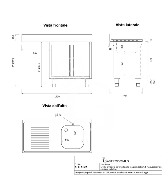 Lavello armadiato vano lavastoviglie,1 vasca,gocciolatoio sinistra,L1400xP700xH965mm - con foro rubinetto Ø 32 mm