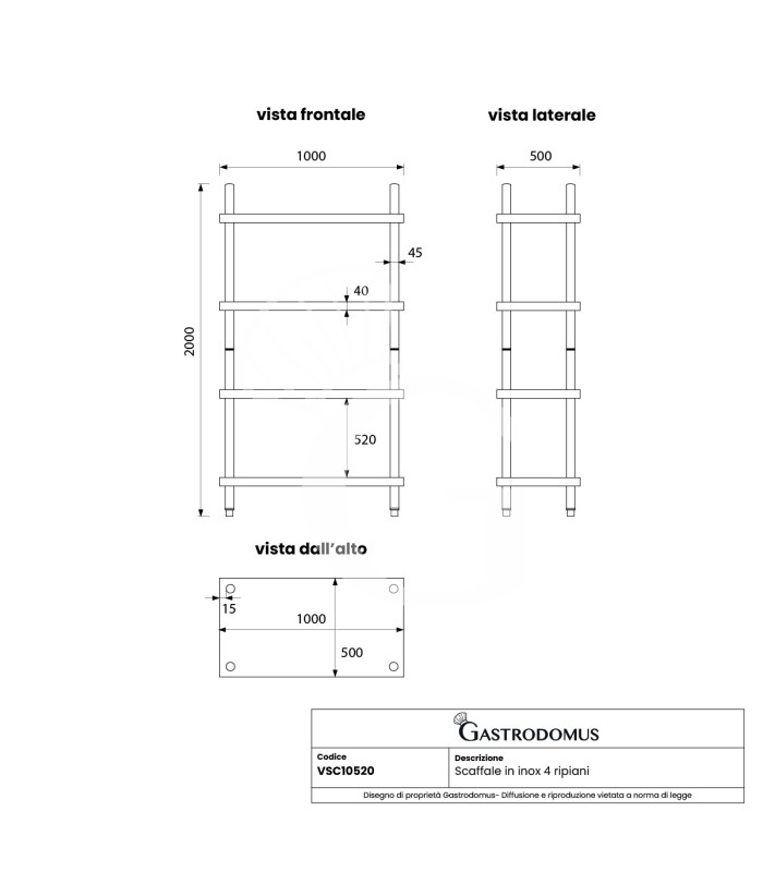 Scaffale Acciaio Inox 4 ripiani L 1000 x P 500 x H 2000 mm