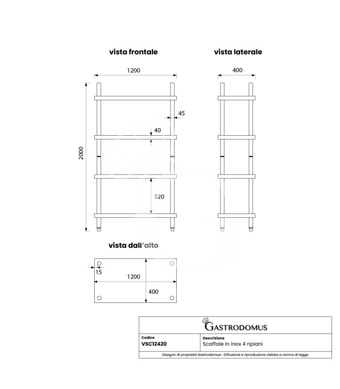 Scaffale Acciaio Inox 4 ripiani L 1200 x P 400 x H 2000 mm