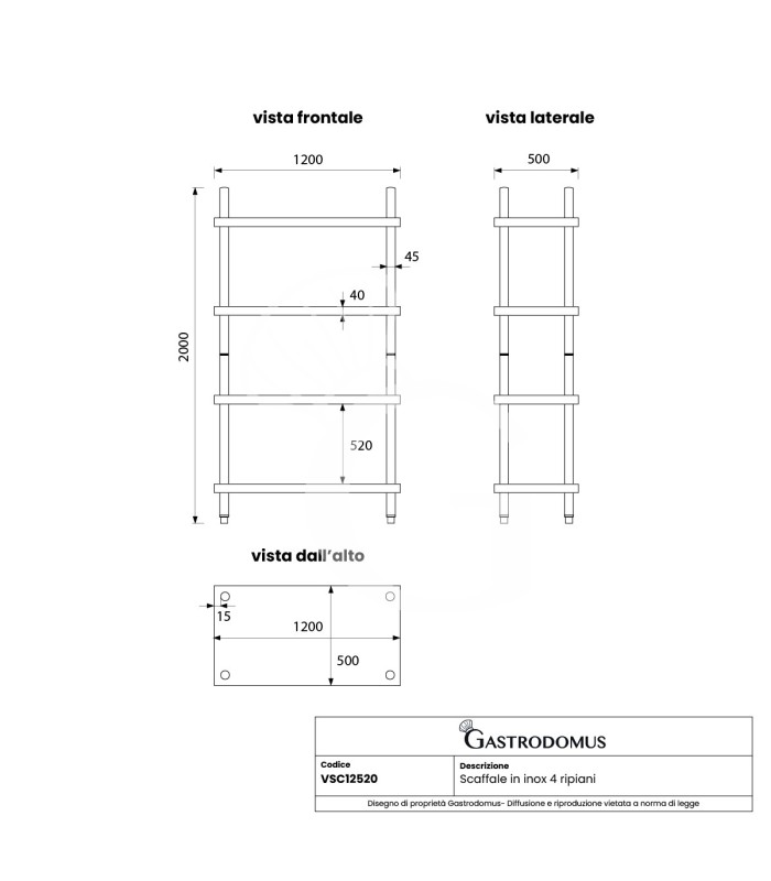 Scaffale Acciaio Inox 4 ripiani L 1200 x P 500 x H 2000 mm