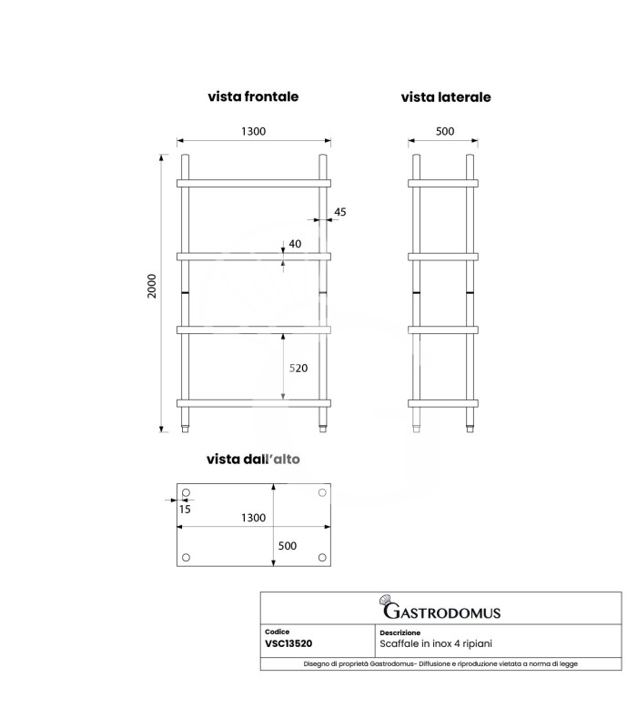 Scaffale Acciaio Inox 4 ripiani L 1300 x P 500 x H 2000 mm