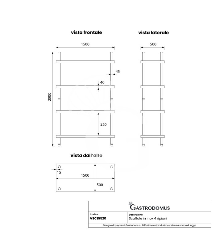 Scaffale Acciaio Inox 4 ripiani L 1500 x P 500 x H 2000 mm
