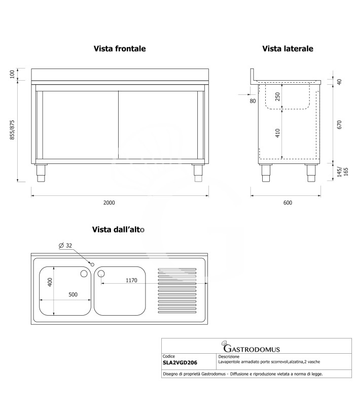 Lavello armadiato con porte scorrevoli,2 vasche,gocciolatoio a destra,L 2000 x P 600 x H 965 mm - con foro rubinetto Ø 32 mm
