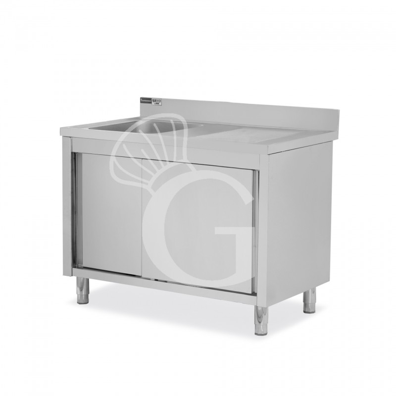 Lavello inox armadiato con porte scorrevoli,1vasca,gocciolatoio a destra,alzatina,L1300xP600xH965mm-con foro rubinetto Ø 32 mm