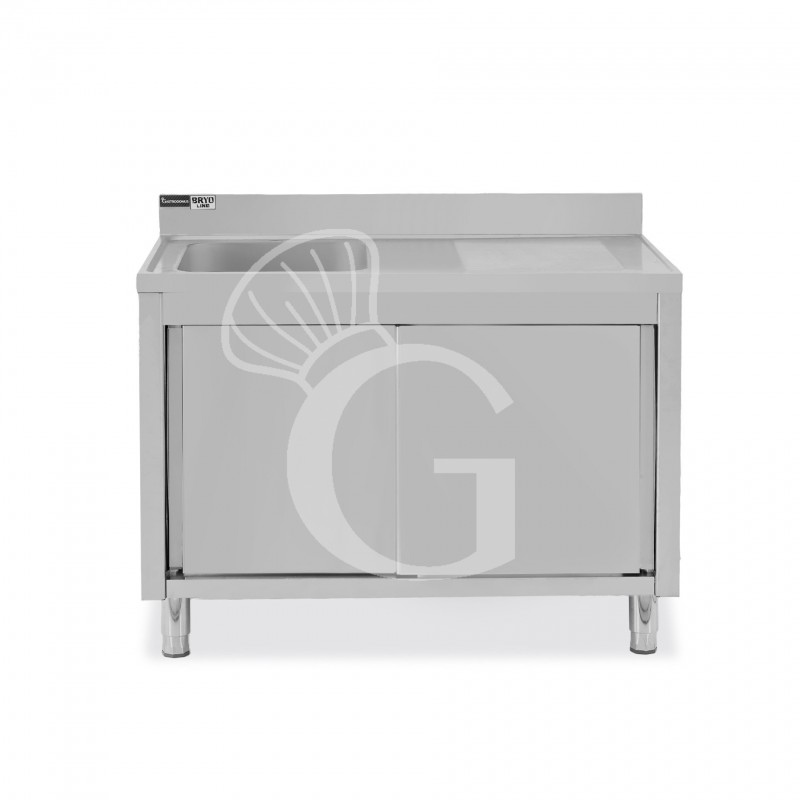 Lavello inox armadiato con porte scorrevoli,1vasca,gocciolatoio a destra,alzatina,L1300xP600xH965mm-con foro rubinetto Ø 32 mm
