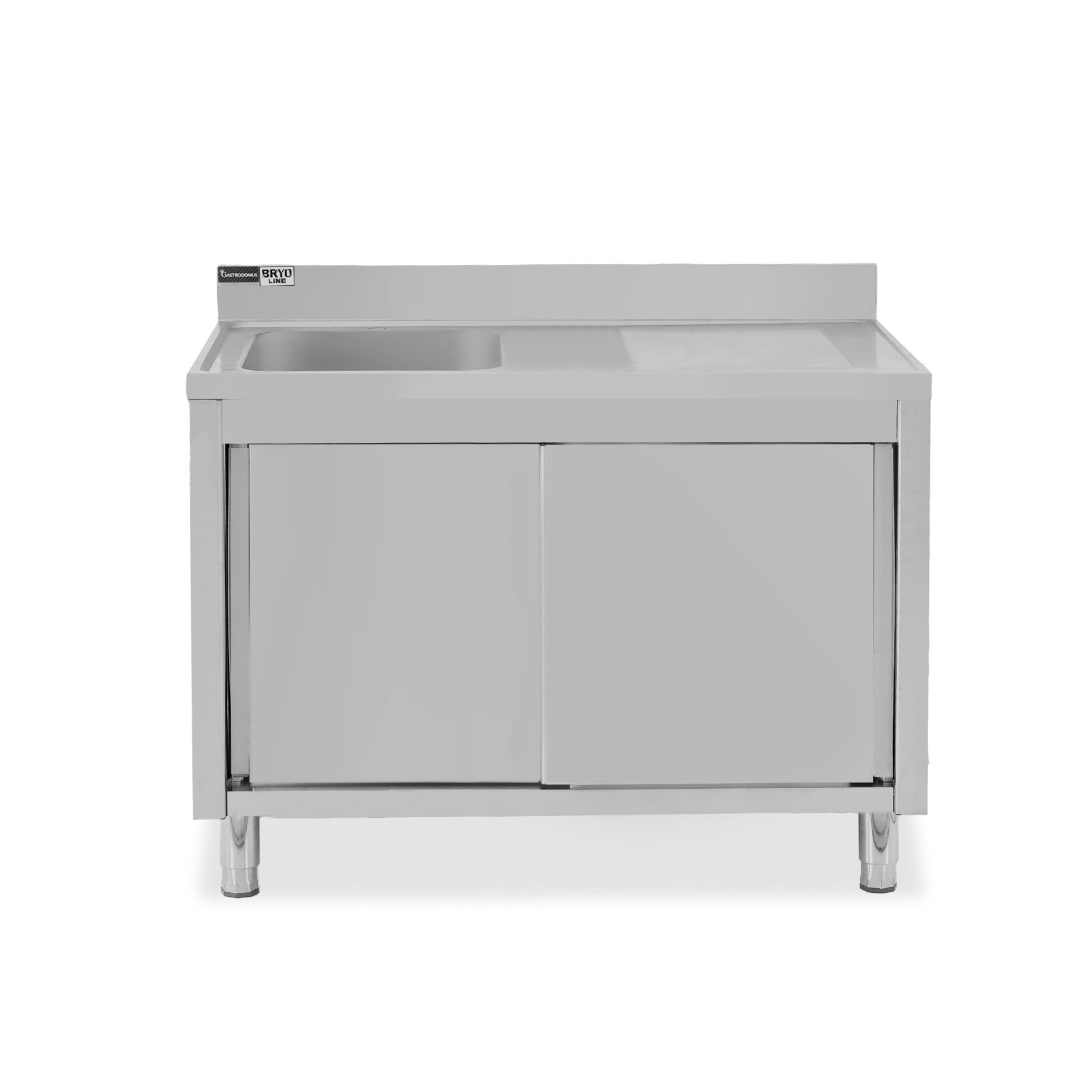 Lavello inox armadiato con porte scorrevoli,1vasca,gocciolatoio a destra,alzatina,L1300xP600xH965mm-con foro rubinetto Ø 32 mm