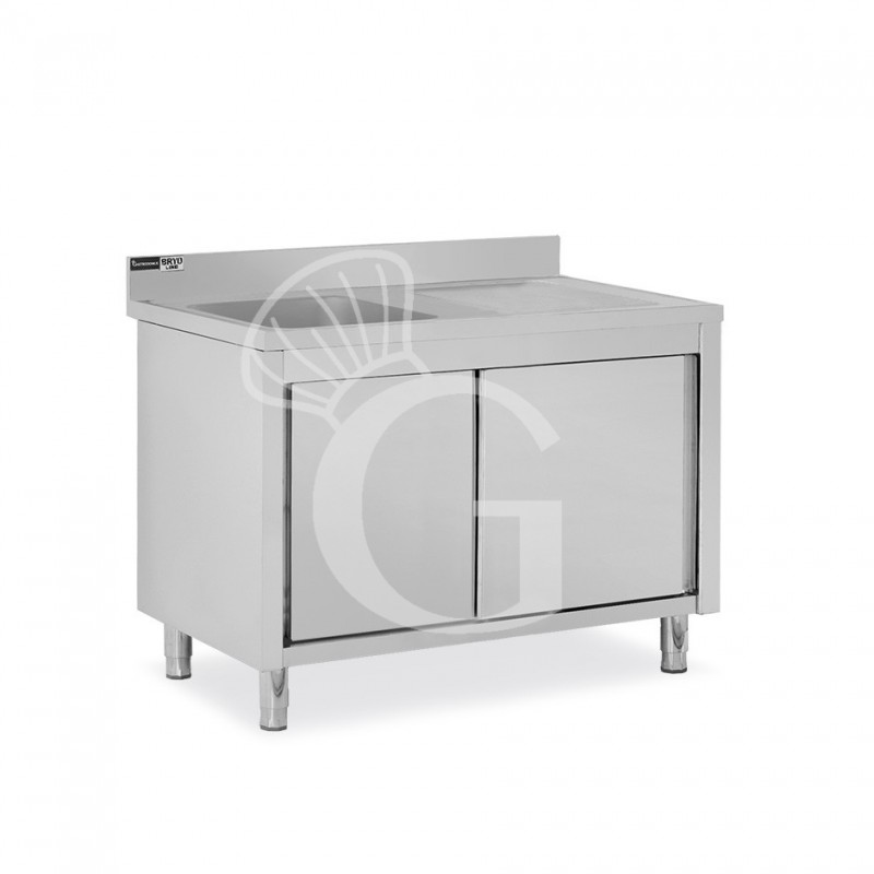 Lavello inox armadiato con porte scorrevoli,1vasca,gocciolatoio a destra,alzatina,L1300xP600xH965mm-con foro rubinetto Ø 32 mm