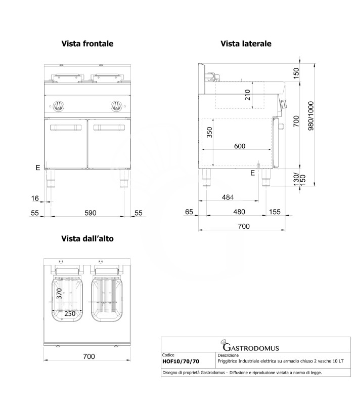 Friggitrice Industriale elettrica su armadio chiuso 2 vasche 10 LT + 10 LT 15 Kw Trifase - SECONDA SCELTA