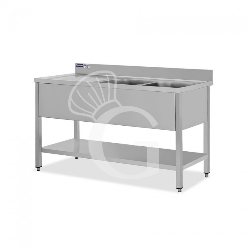 Lavello semplice con alzatina, 1 ripiano, 2 vasche, gocciolatoio a sinistra, L1400xP700xH965mm - con foro rubinetto Ø 32 mm