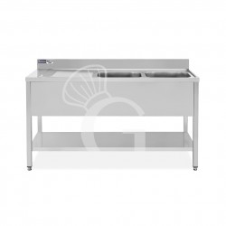 Lavello semplice con alzatina, 1 ripiano, 2 vasche, gocciolatoio a sinistra, L1400xP700xH965mm - con foro rubinetto Ø 32 mm