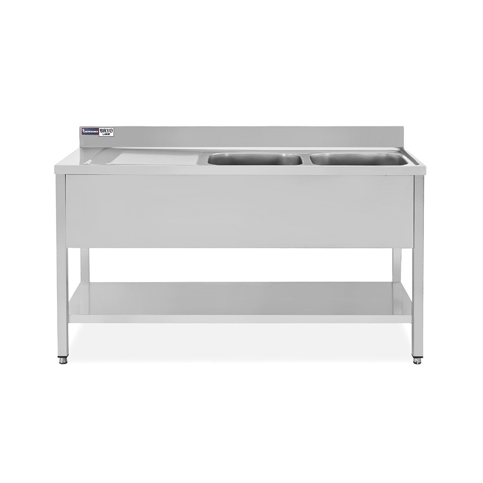 Lavello semplice con alzatina, 1 ripiano, 2 vasche, gocciolatoio a sinistra, L1400xP700xH965mm - con foro rubinetto Ø 32 mm