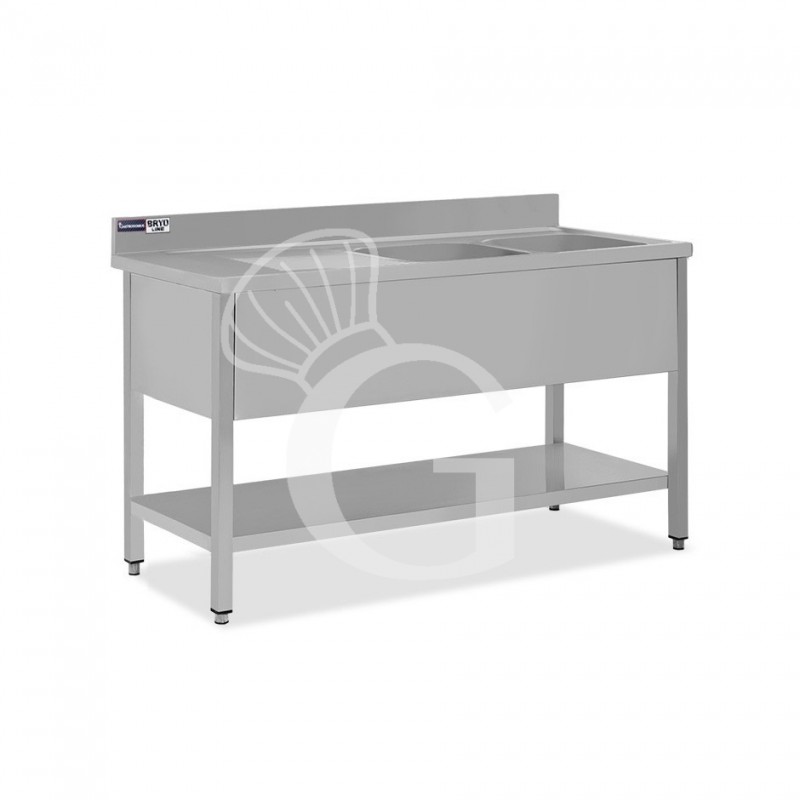 Lavello semplice con alzatina, 1 ripiano, 2 vasche, gocciolatoio a sinistra, L1400xP700xH965mm - con foro rubinetto Ø 32 mm